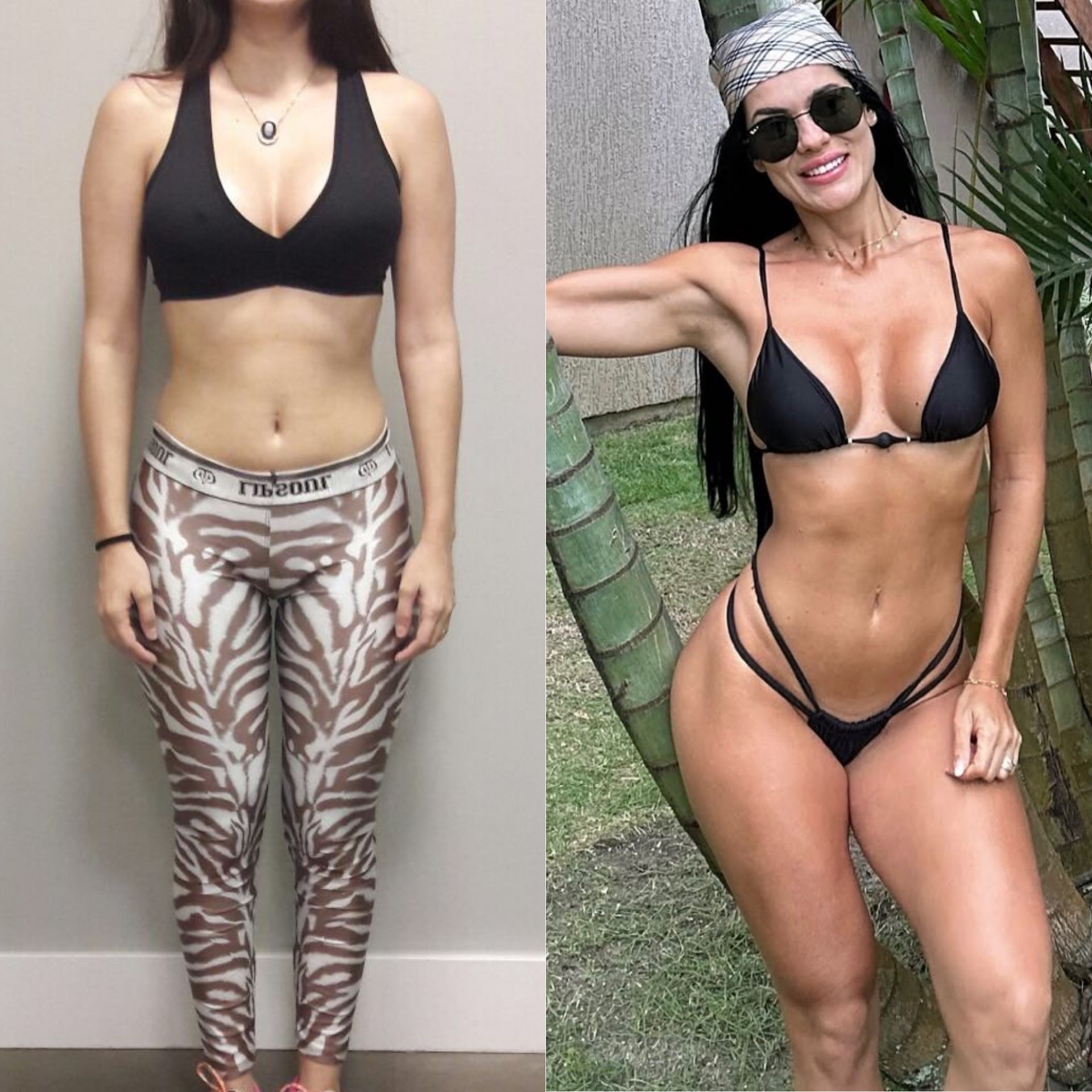 Antes e depois de aluna com redução de medidas e ganho de massa magra